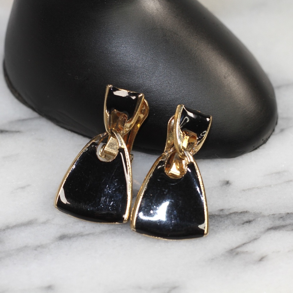 Triangular Black & Gold Clip On Earrings